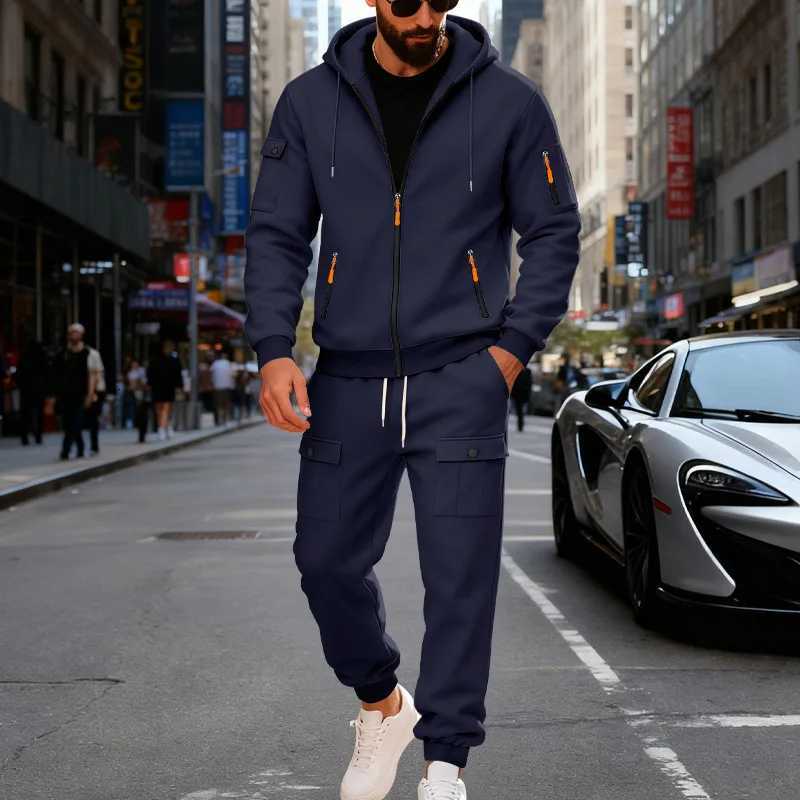 Autumn and winter mens velvet loose casual tooling outdoor sports fashion hooded sweater set W251110