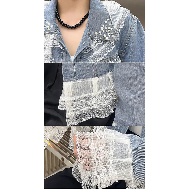 Womens denim jacket fashion lace patch work spring autumn casual denim jacket outerwear oversized 5XL 250409