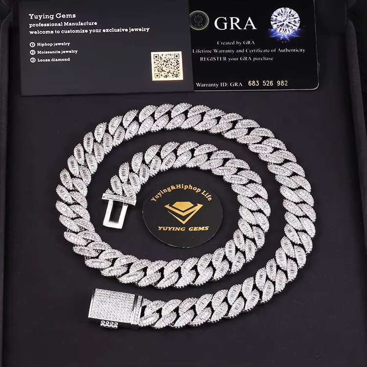 RTS Luxury Necklaces 925 Sterling Silver Baguette Moissanite Diamond Cuban Link Chain Hip Hop Necklace