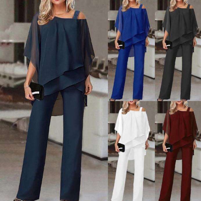 Batwing Sleeve Top and Pants Women's Casual Off-Shoulder Irregular Party Elegant Two-Piece Set 2025 Spring Summer Autumn