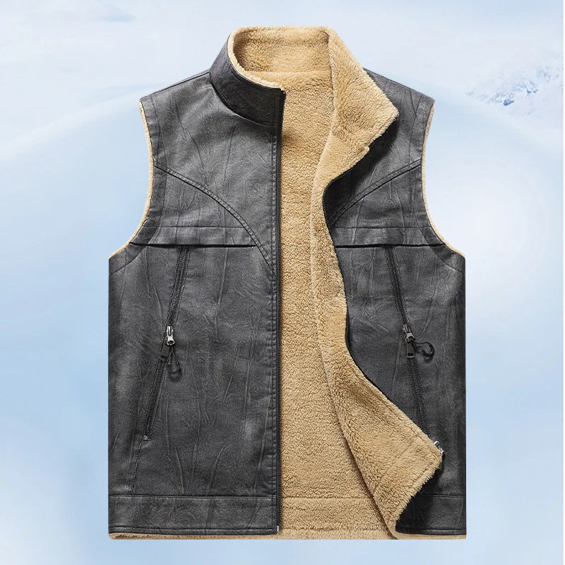 Man Leather Vest Autumn Winter Thicken Fleece Warm Stand Collar Male Waistcoat Sleeveless Zipper Casual Versatile Men Coat 251105