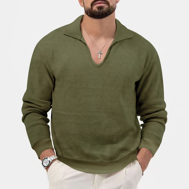 2024 autumn/winter new waffle polo shirt mens lapel loose solid color top long sleeved