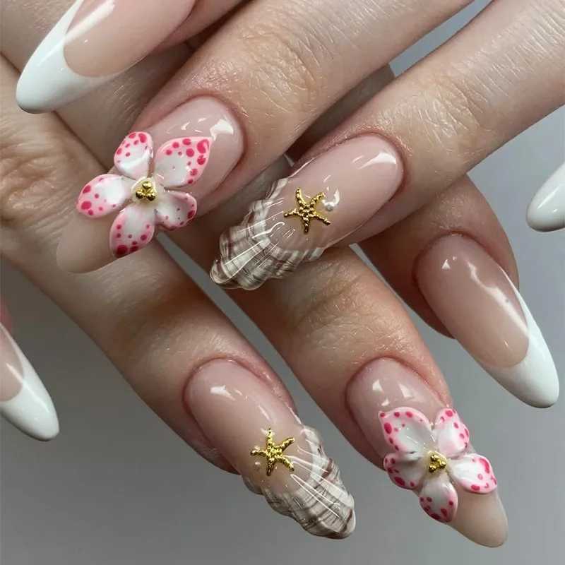 24pcs Simple Lightweight Orange Acrylic Nail Pearl Almond Fake Nail Press on Phnom Penh Glue to Nail with Design Nail Art W250410