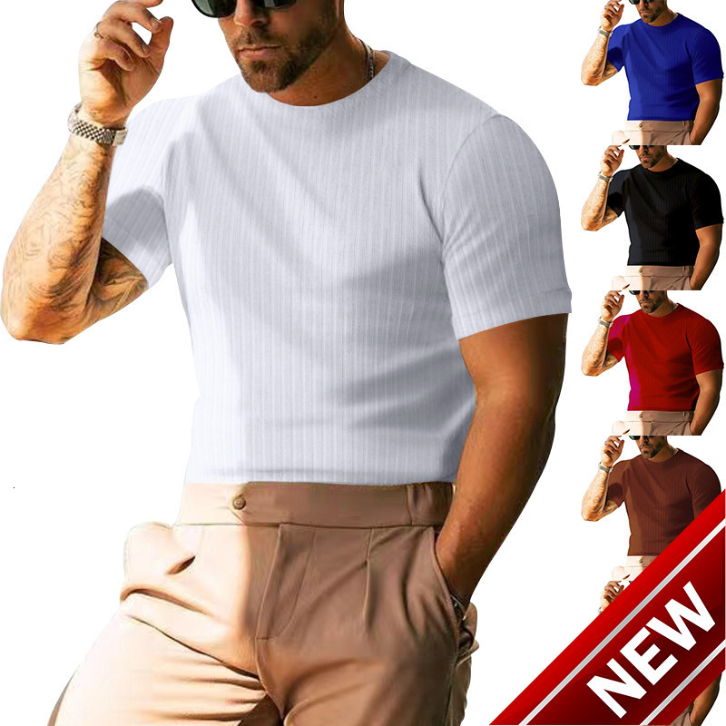 Tem 2025 Summer Mens Short Sleeve T-shirt Solid Color Casual Stripe Round Neck Slimming Henley Shirt