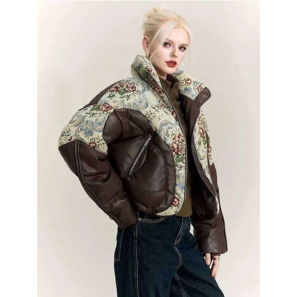 Vintage Coat Women's Winter Waterproof Embroidered Jacquard Jacket Down Thick Warm Outerwear PU Leather Parka
