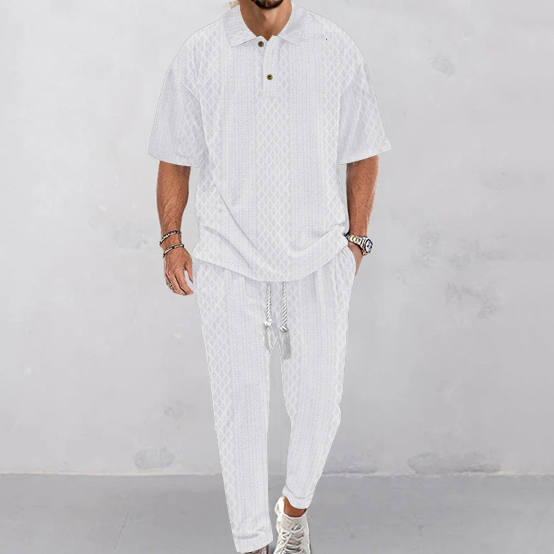 Spring/Summer Mens Casual Pants Flip Collar Jacquard Knitted Top Large Set