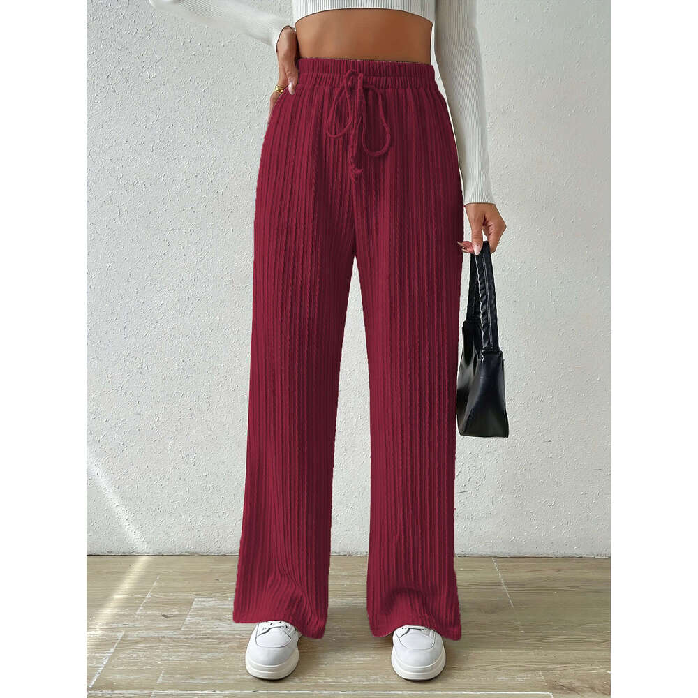 2024 New European and American Style Knitted Wide-Leg Pants with Waist Texture, Elastic High Waist, Solid Color, Casual Loose Straight-Leg Women'