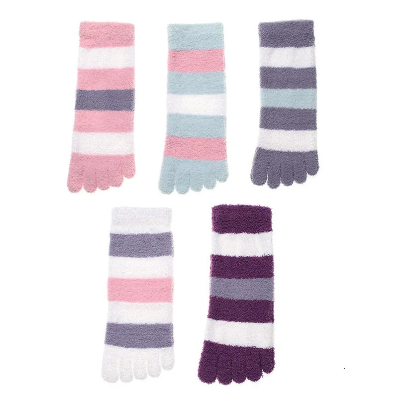 Winter Warm Socks with Fingers Women s Thick Coral Fleece Fluffy Bed Sock Soft Cozy Purple Striped Slipper Socks with Toes 251106