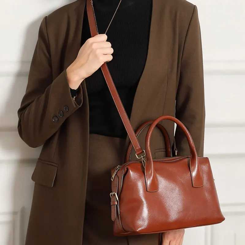 Genuine Leather Womens Bag Vintage Luxury Designer Boston Handbag Women Versatile Shoulder Bag Cowhide Female Crossbody Bags K251110
