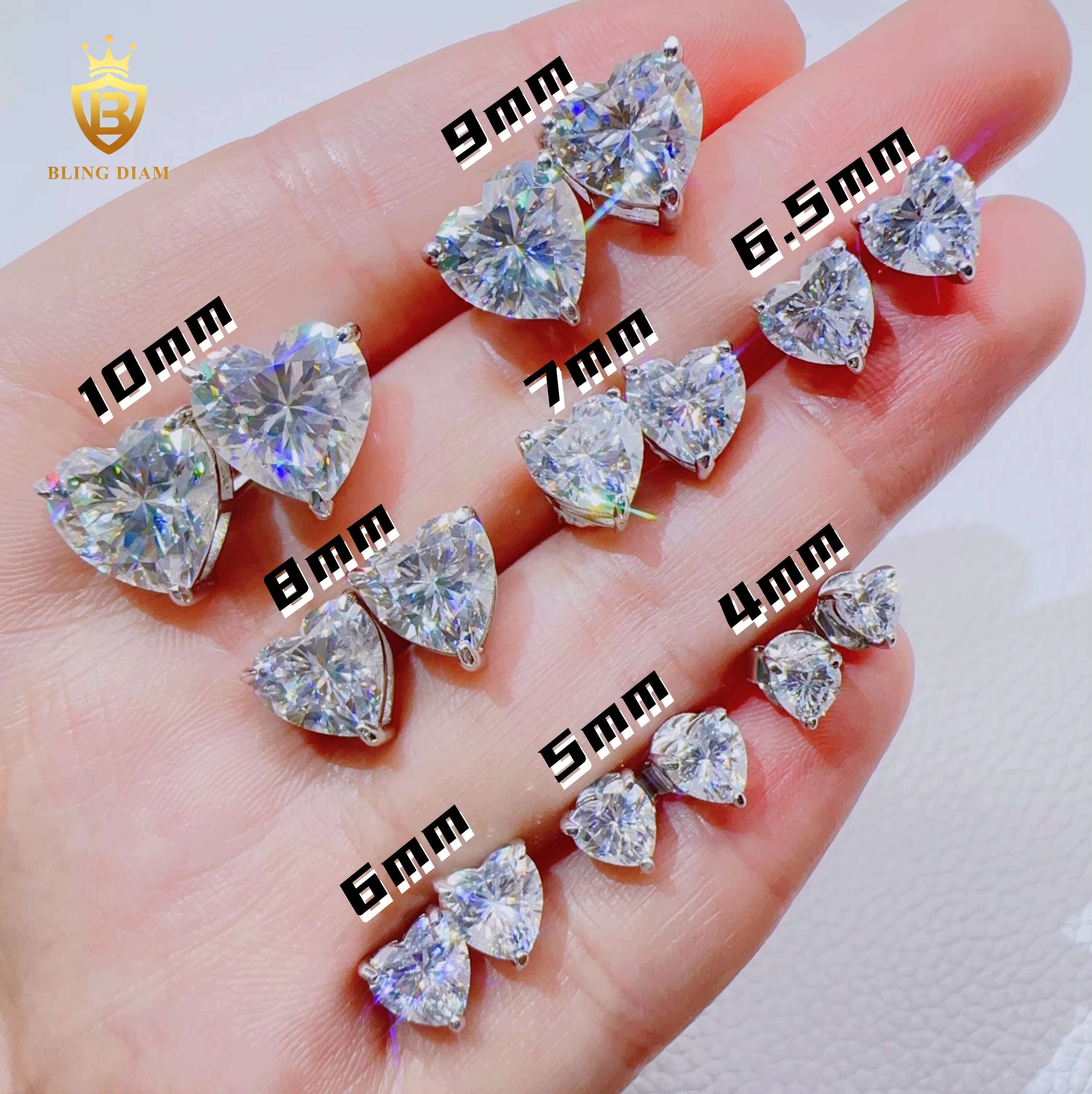 Pass Diamond Tester Custom Hip Hop Jewelry 925 Silver 4-10MM Heart Cut VVS Moissanite Stud Earrings for Women