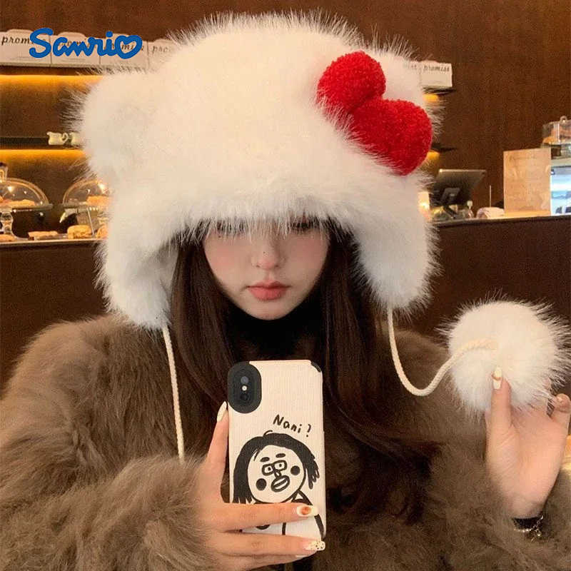 Sanrio Hello Kitty Bow Plush Hat Cute Animal Ear Winter Warm Fleece Beanie With Pom For Women Girls Fashion Gift Official H251110
