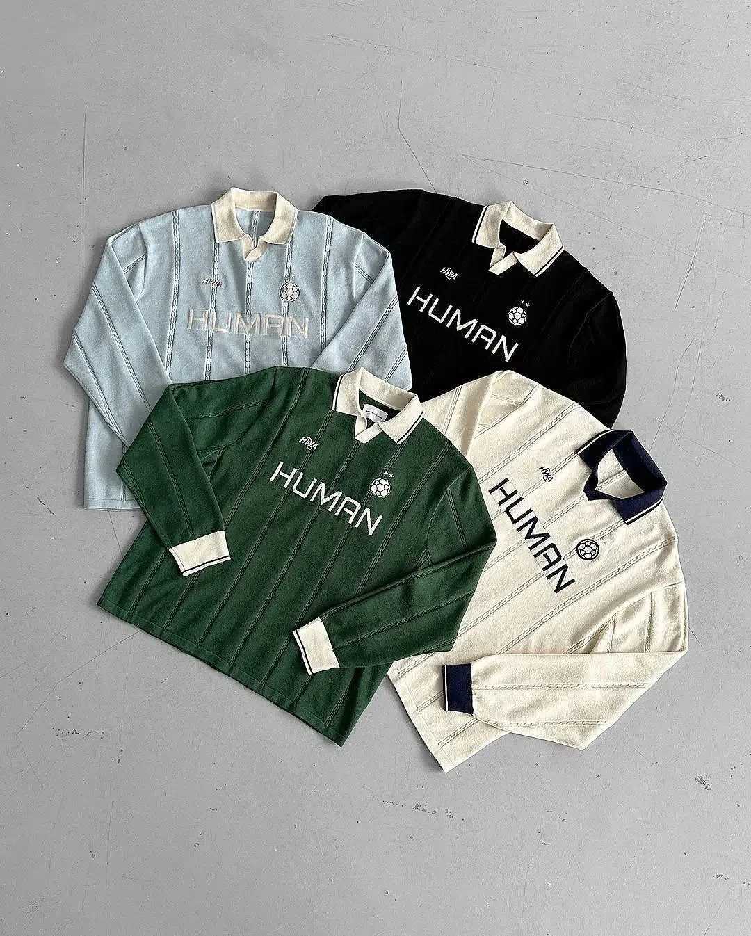 Fashion American Street Brand HUMAN Embroidered Polo Sweater Unisex Football Element Lapel Long-Sleeve Retro Loose Knit Top Y251110