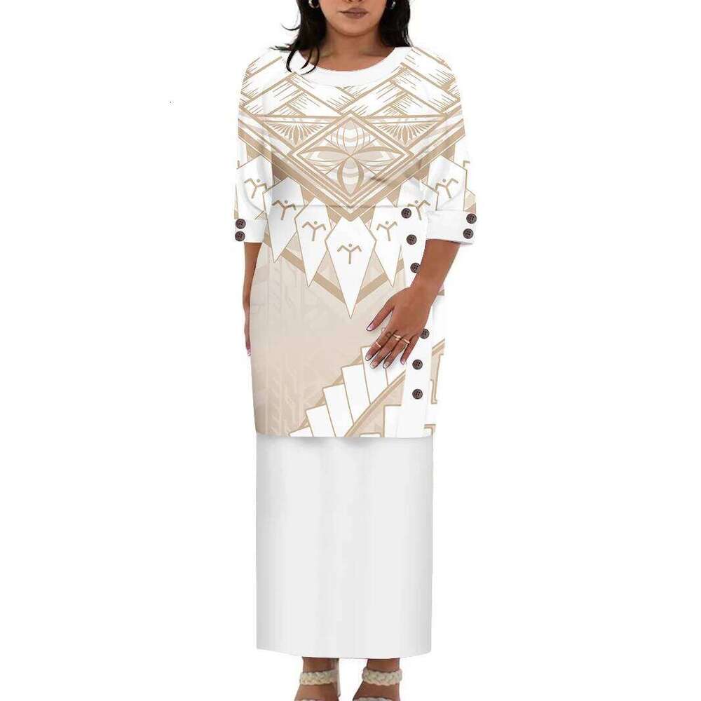 Hawaii Style Design Big Size Ladies Long Custom Polynesian Puletasi Ptaha Dress O Neck Prom Clothes 2 Piece Outfits Sets