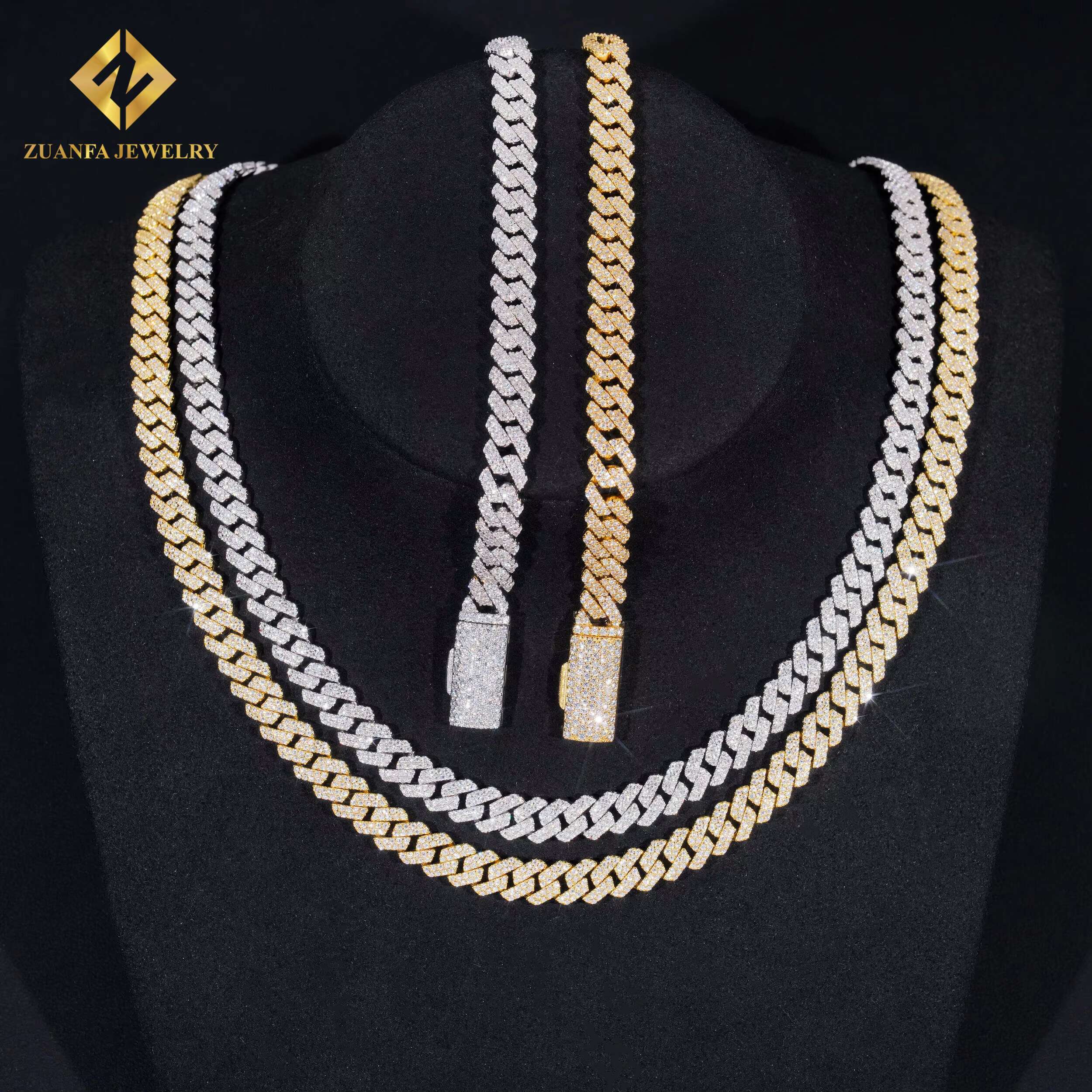 Zuanfa Jewelry Men's Hip Hop Necklace Solid Sier Gold Plated 8mm VVS Moissanite Cuban Chain Buckle