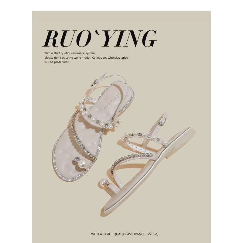 Woman Sandals Fairy Style In Summer New Water Diamond Pearl Toe Sandals Flat Shoes With A Single Strap Roman Sandals For Women