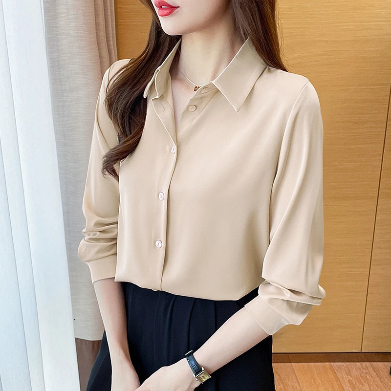 Wxw3253 spring satin womens pure color elegant chiffon long sleeved womens ultra-thin French casual fit shirt 250409