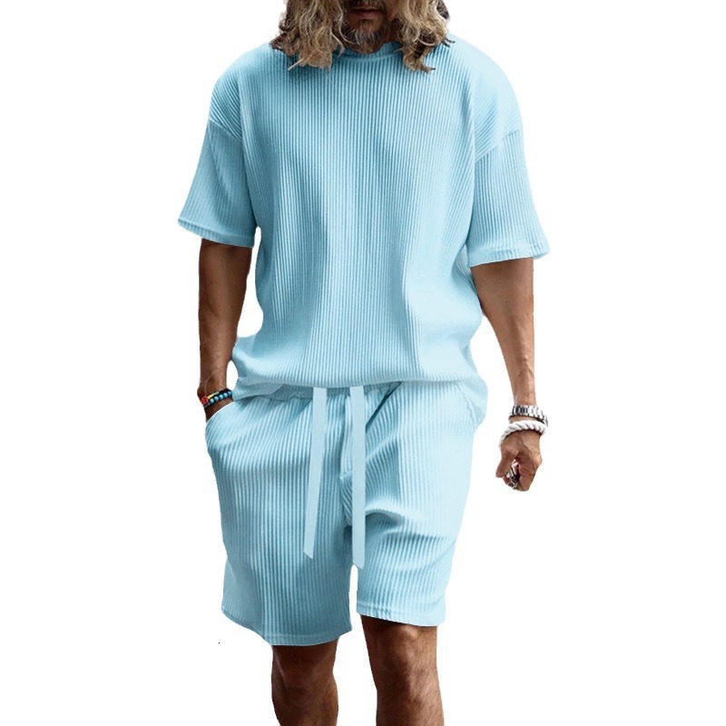 2025 Summer Ice Silk Breathable Pit Strip Short Sleeve Shorts Set Solid Color Male