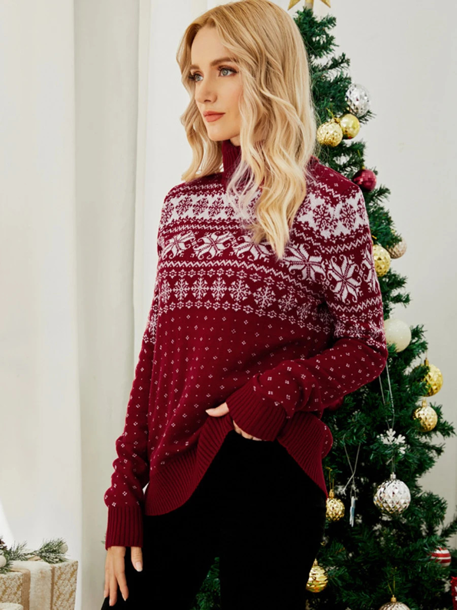 Women s Christmas Snowflake Knitted Sweater Long Sleeve High-neck Print Christmas Pullover Knitwear 251104