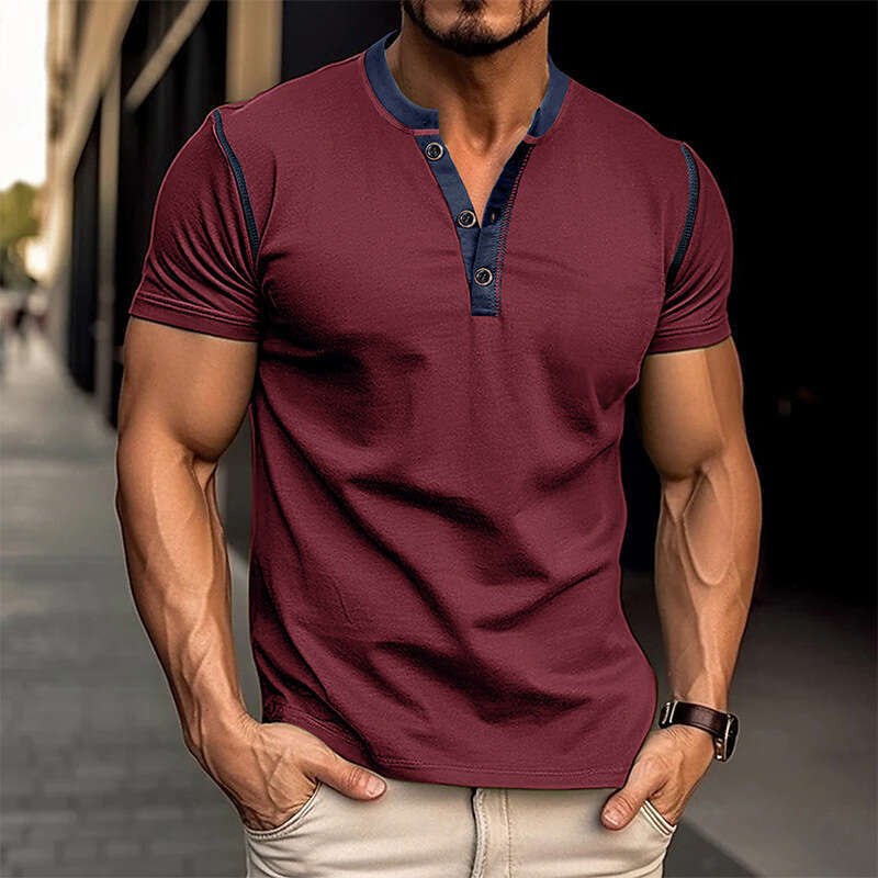 Summer European and American Short Sleeve Henley Shirt Men's Round Neck Color blocked T-shirt 2025 New Casual Versatile Fashion Clothing
