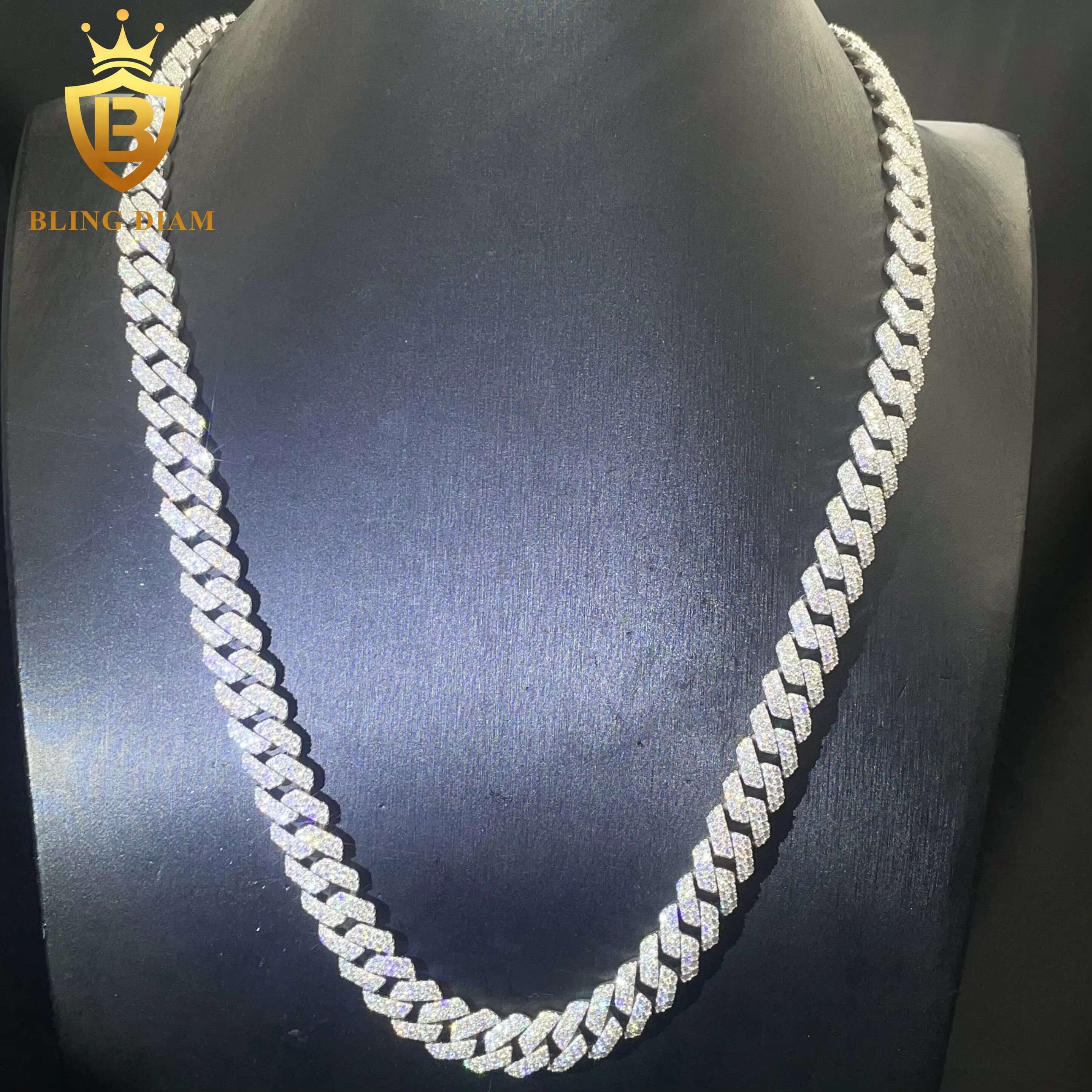 Factory Direct Wholesale Moissanite Cuban Chain Bracelet Necklace Hip Hop Style VVS Diamond 2 Rows Sizes 12mm 925 Silver Men