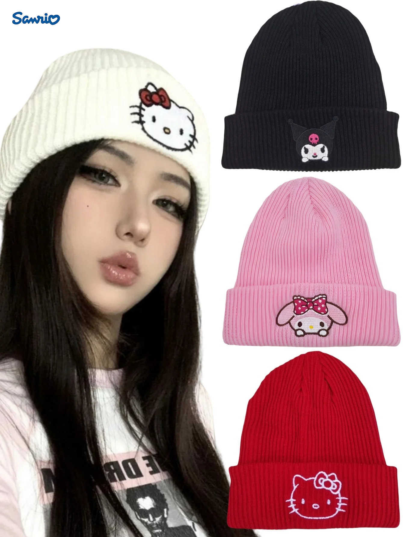Sanrio 1pc Hello Adorable Kitty My Melody Kuromi Cinnamoroll Knitted Beanie Hat - Soft Warm and Stylish Winter Cap for Women H251110