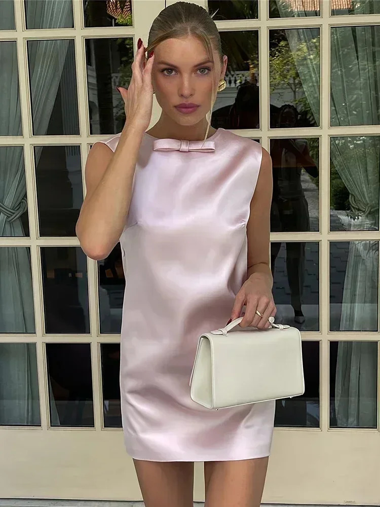 Satin mini womens sexy backless bow dress sleeveless vest dress for women party elegant evening dress for women 250403