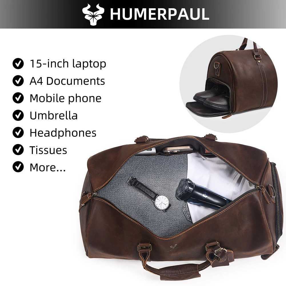 HUMERPAUL Crazy Horse Leather Business Duffel with 15 Laptop Compartment Shoe Pocket Large Capacity Luggage Travel Bag For Suit K251110