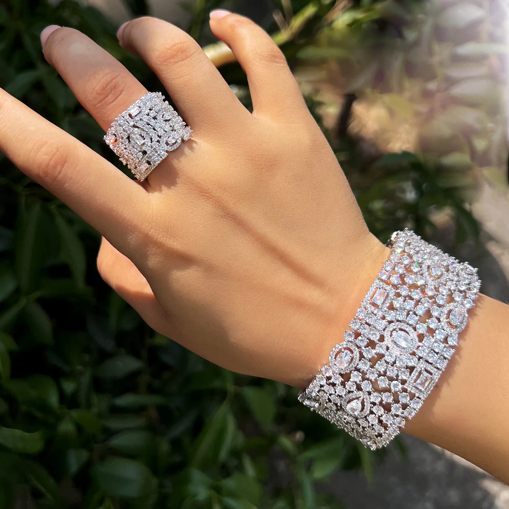 CWWZircons Chunky Cubic Zirconia Inlay Wide Big Open Cuff Bangle and Ring Dubai Wedding Bridal Party Jewelry Sets T749 250409