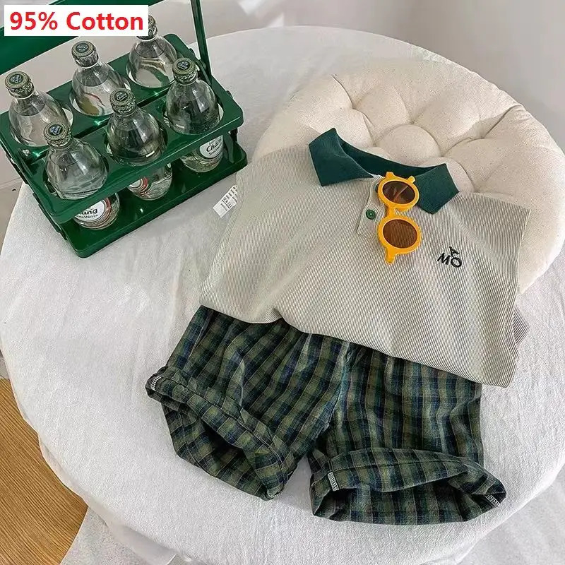 Boys sleeveless polo shirtgreen mesh pants 2-piece set childrens fashionable casual sports top and bottom two-piece set childrens clothing 250409