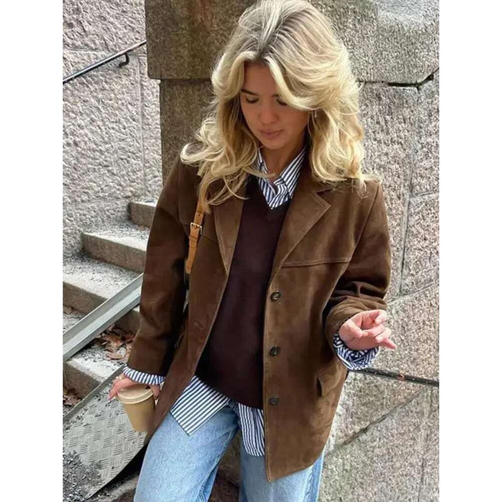 Boyfriend Brown Coat For Women Spring Turndown Collar Long Sleeve Female Jacket 2025 Fashion Loose Single-Breasted Lady Coats