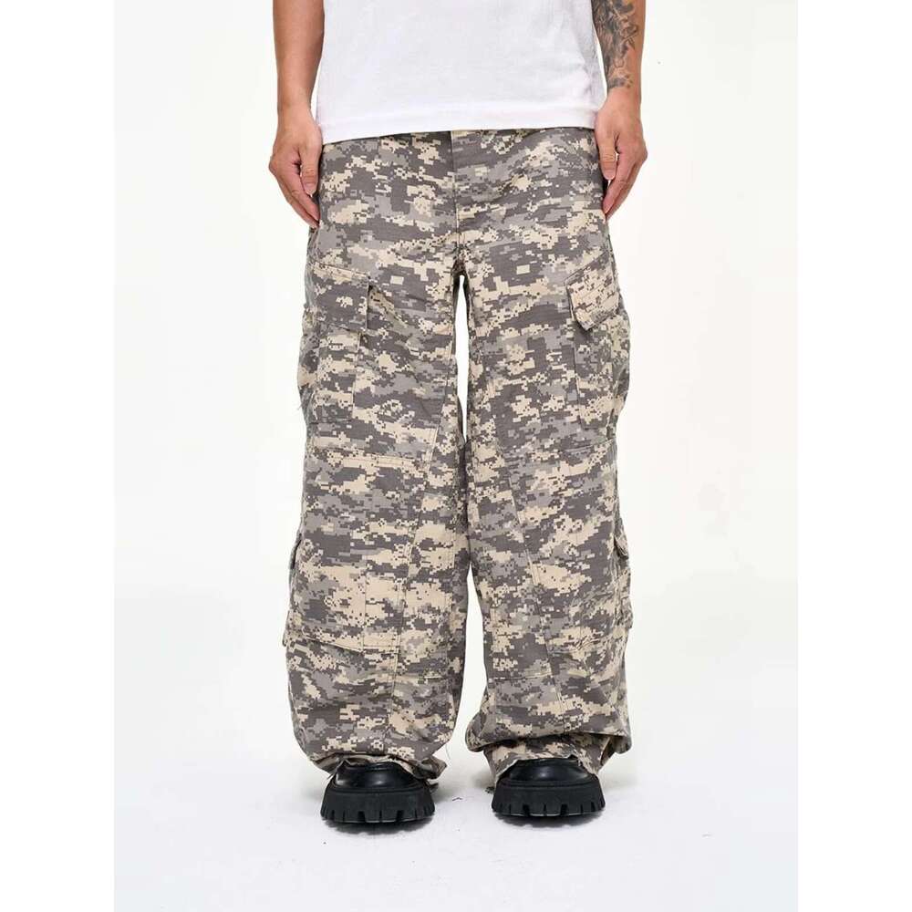 Multi-Pocket Vintage Irregular Rough Edge Toog Loose Camo Wide Leg Baggy Paratrooper Pants Men