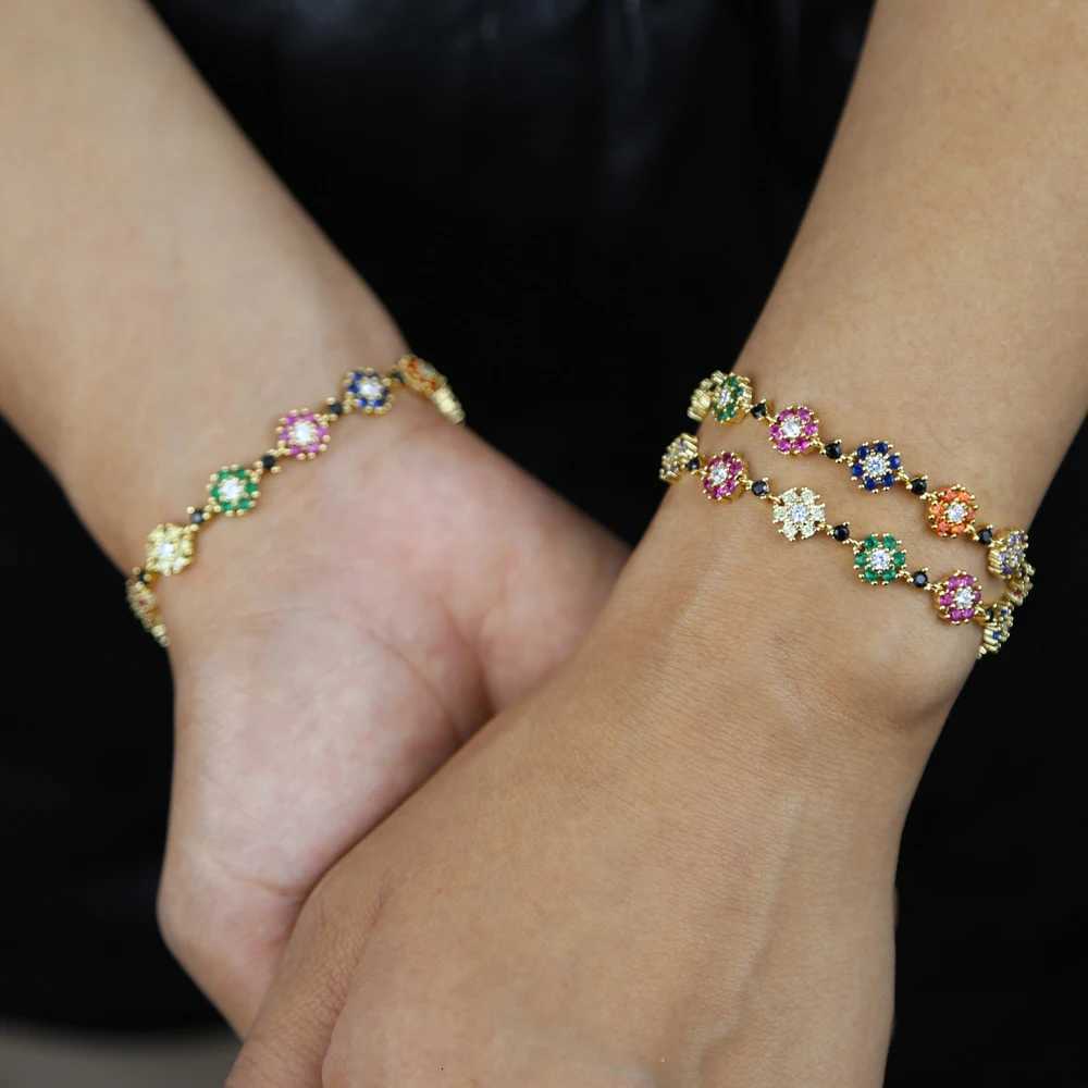 New Fashion Sparking Colorful Rainbow Cz Flower Link Chain Bracelet Women Gold Color Delicate Dainty Charming Romantic JewelryT251110