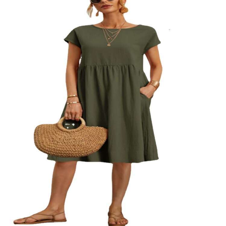 Amazon 2023 Summer Cross-Border Source OL Style Women's Cotton Round Neck A-Line Dress Manufacturer Wholesale Women