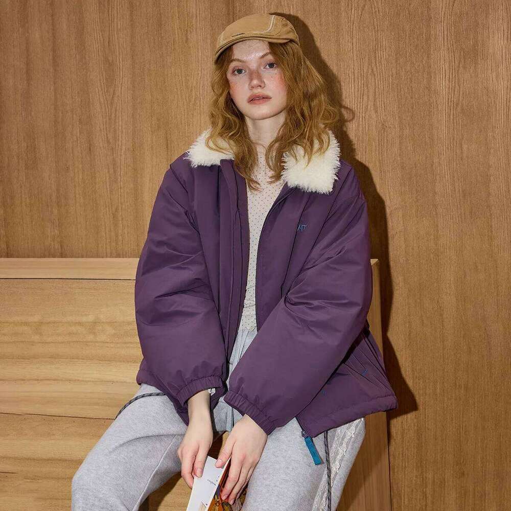 Winter Women's American Vintage Fur Collar Jacket Oversized Zip Up Parka Warm Cotton Padded Coat Loose Fit Outdoor Wear