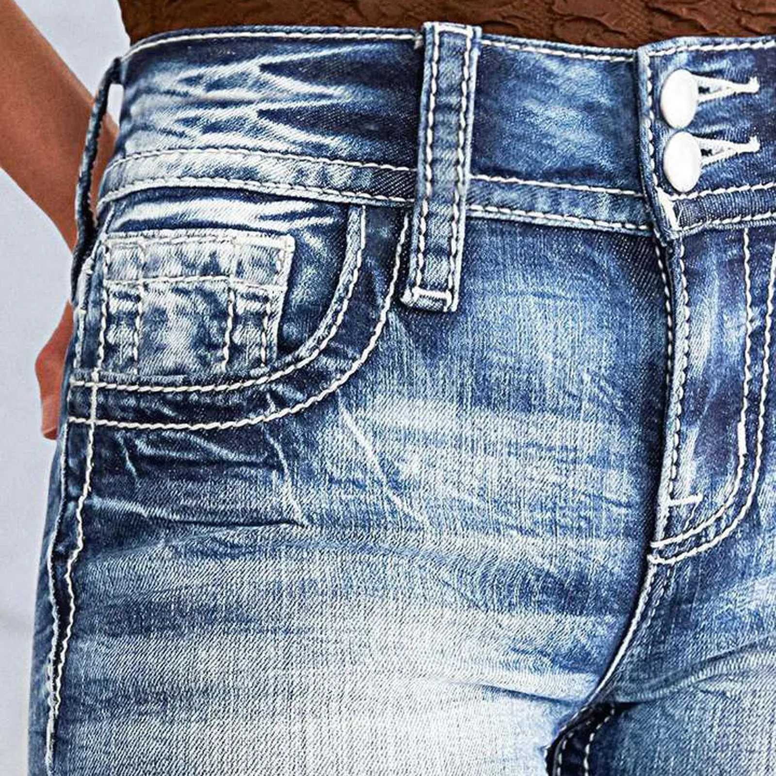 Women Fitting Micro-Flared Jeans Casual Chic Deep Blue Denim Pants with Double-Buttons Pocket Zipper Daily Wear Comfy All-Match C251110