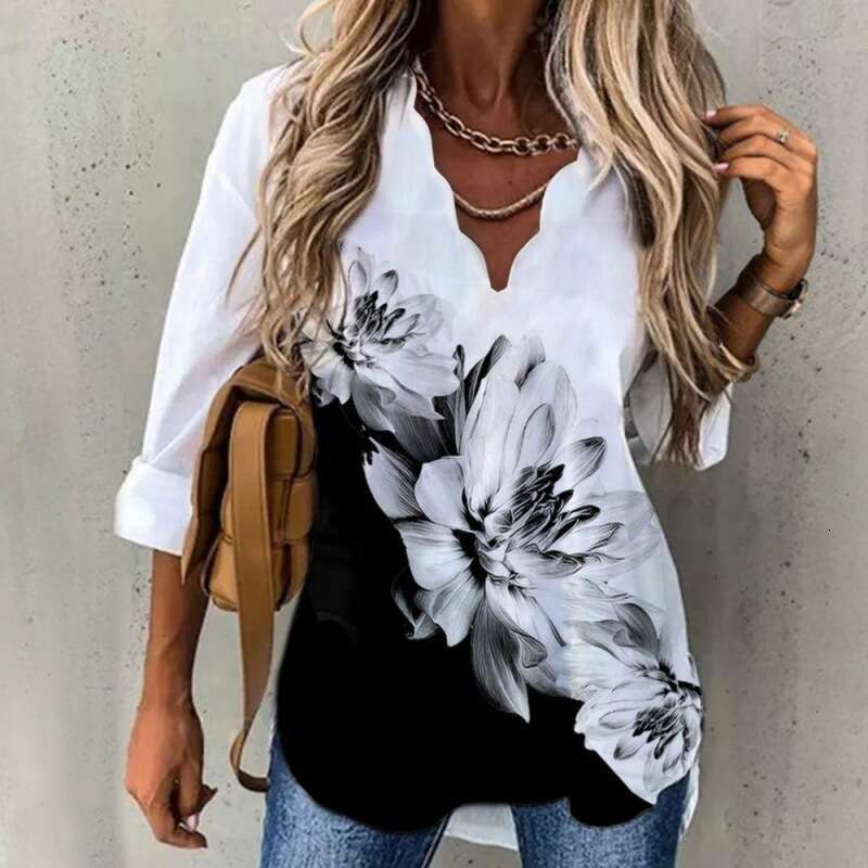 2025 Summer Amazon Cross-Border European and American Women's Fashion Elegant New Hot-Selling Wave Collar Shirt Printed Long Sleeve Women