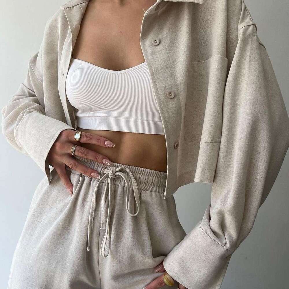 2024 European and American New Solid Color Long Sleeve Short Casual Shirt Drawstring Pants Set