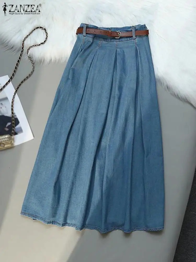 ZANZEA Womens Retro Cowboy Skirt Korean Fashion Elastic Waist Overskirts Autumn Fold Maxi Jupe Casual Loose Solid Faldas 250410