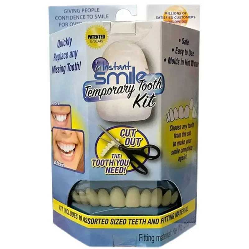 The new type of denture patch is faced with a flexible and comfortable upper and lower buckle bracket which fits snugly with the filling material for 