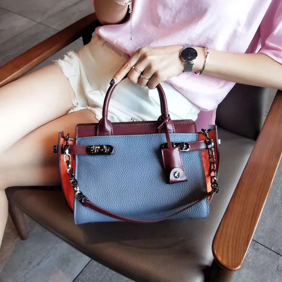 Women Handbag Genuine Leather Panelled Pattern Female Shoulder Meaaenger Trapeze Bag