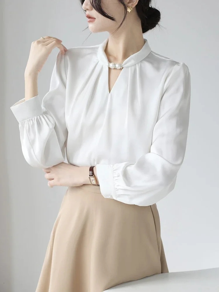 Womens Elegant Shirt Satin White Stand up Collar Beaded Shirt Pullover Korean Fashion Tempering Office Womens Shirt 250409