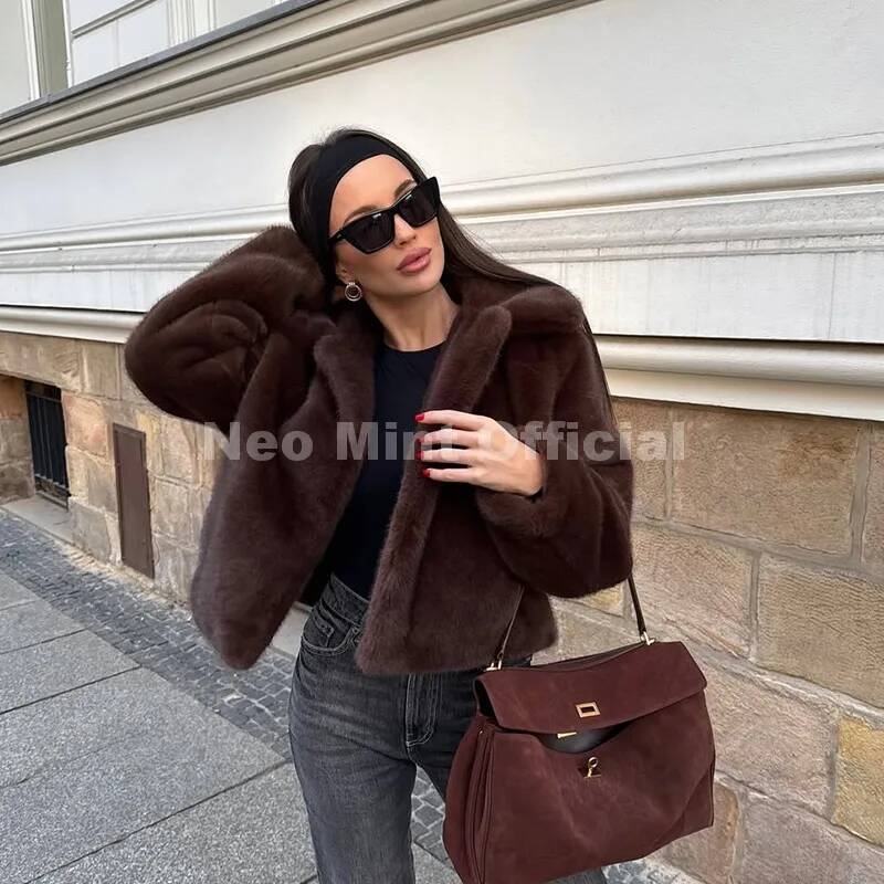 Neo Mint Cool Street Girls Fashion Brown Faux Jacket Women Luxury Fake Mink Fur Coat 2025 Autumn Winter Warm Short Overcoat