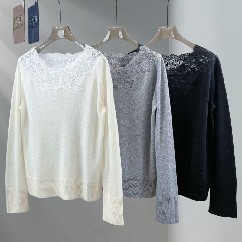 Luxury Designer Women's Cashmere Wool Knit Sweater Fashion Floral Lace Round Neck Long Sleeve Loose Pullover Multiple Colors Fall Winter Clothing