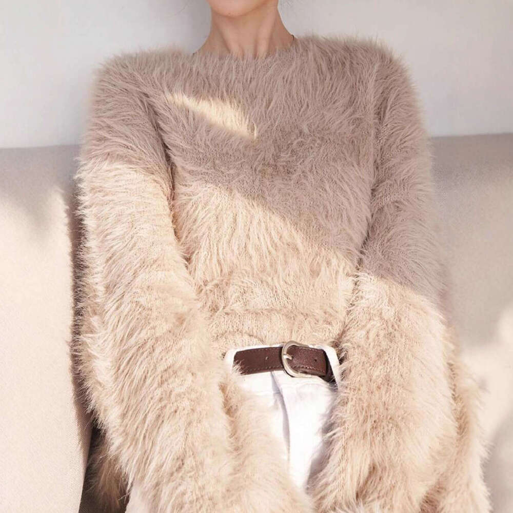 Autumn Winter Thickened Imitation Mink Velvet Women, Export Cross-Border Solid Color Versatile Round Neck Fuzzy Pullover Knitted Sweater for Women