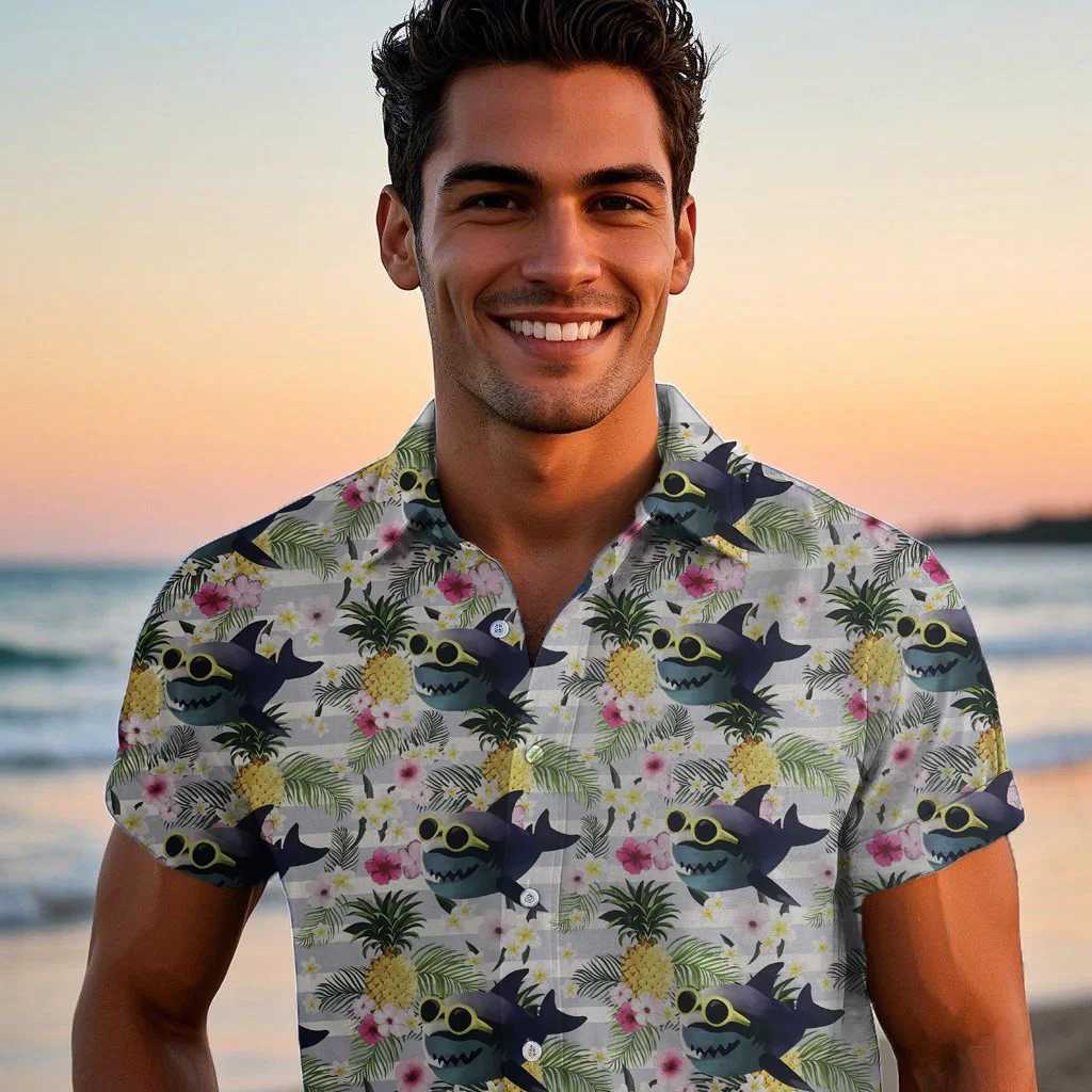 Mens Hawaiian print short sleeved summer beach pineapple flower casual top X250410