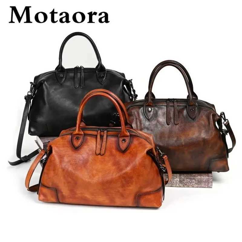 MOTAORA Leather Handbag for Women Vintage Boston Style Soft Cowhide Large Capacity Travel Shoulder Bag K251110