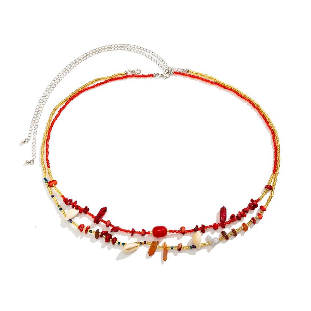 Ingemark 2-piece/set Bohemian red crystal seed waist chain used for warm summer beach bikini stone sea snail belly belt sexy body jewelry X250410