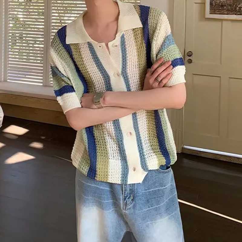 Casual breathable hollow mens summer beach casual short sleeved knitted shirt mens fashionable striped knitted top X250410