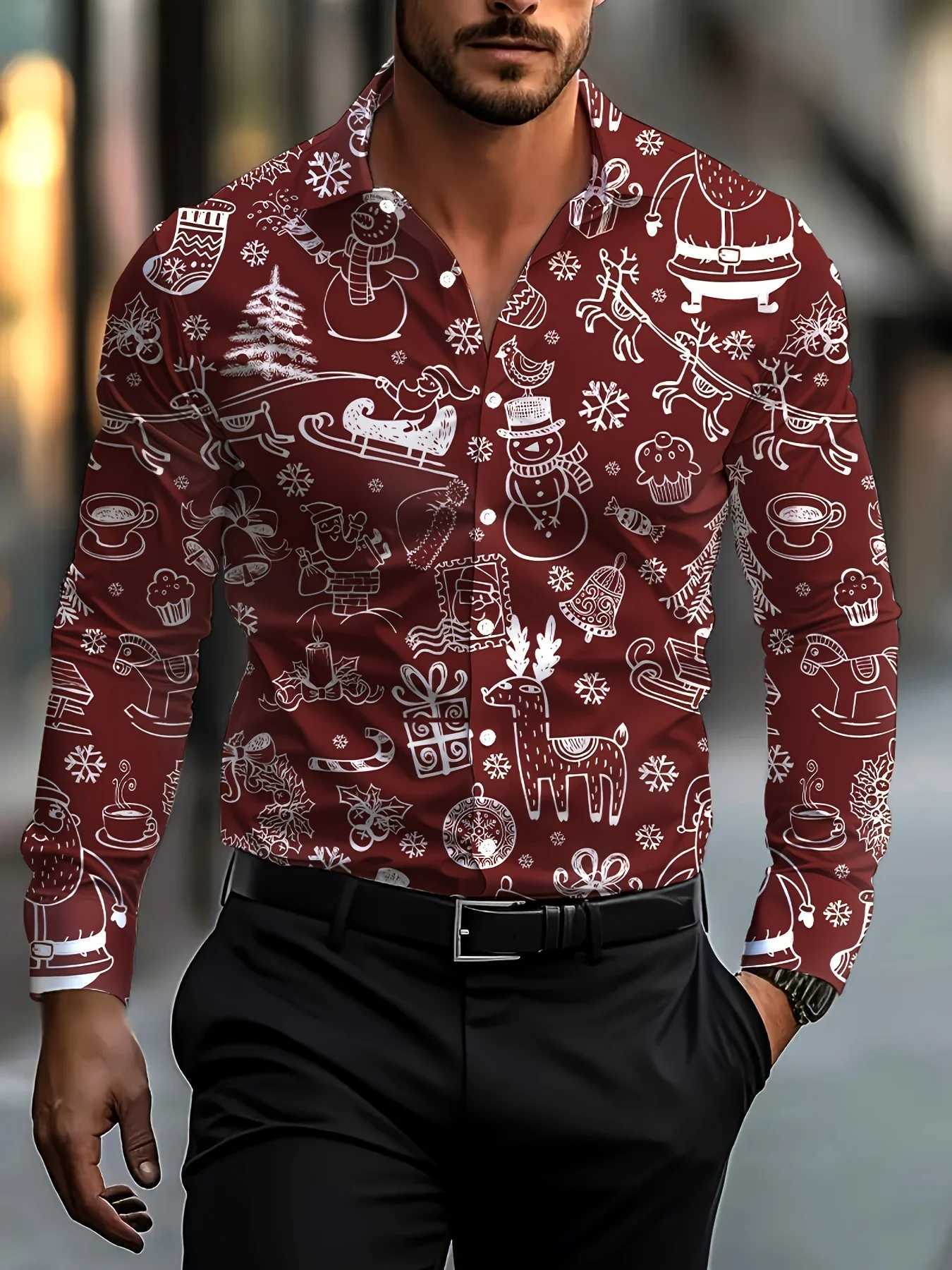 Christmas Festival Theme Mens 3D Printed Formal Shirts Christmas Tree Santa Claus Graphic Long Sve Shirt Fashion Mens Shirt Q1110