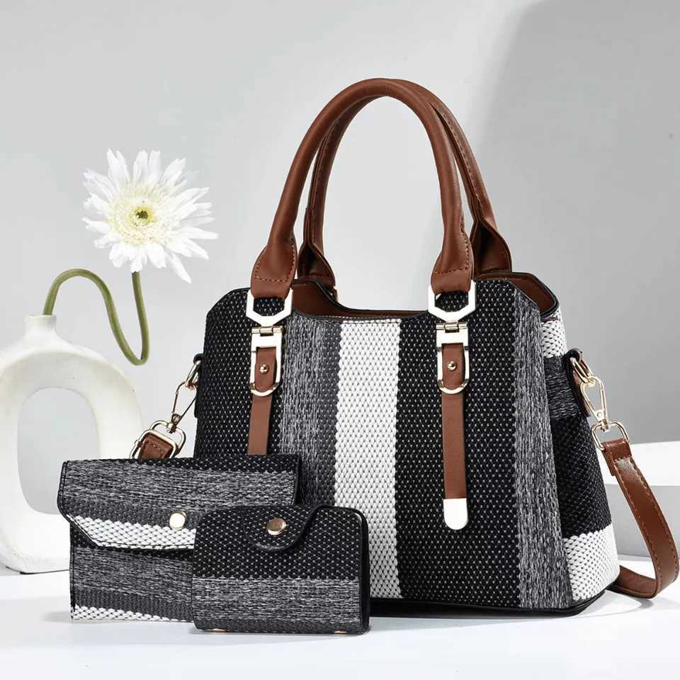 2025 New Design Color Contrast Tote 3PCS Bag Set Canvas Shoulder Bag Crossbody Bag with Purse and Card Holder Premium PU Leath K251110